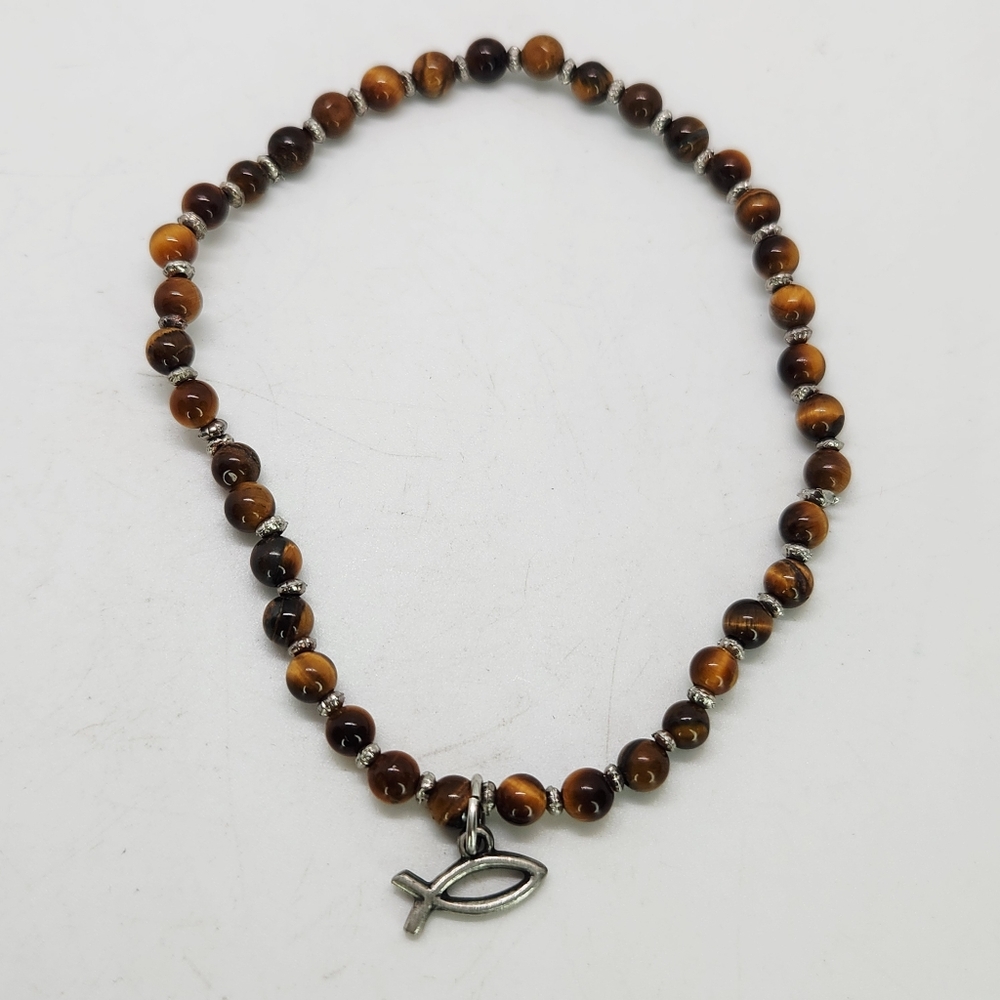 Vtg Tigers Eye Bead Stone Stretch Bracelet Sterling Silver Ichthys Fish Charm